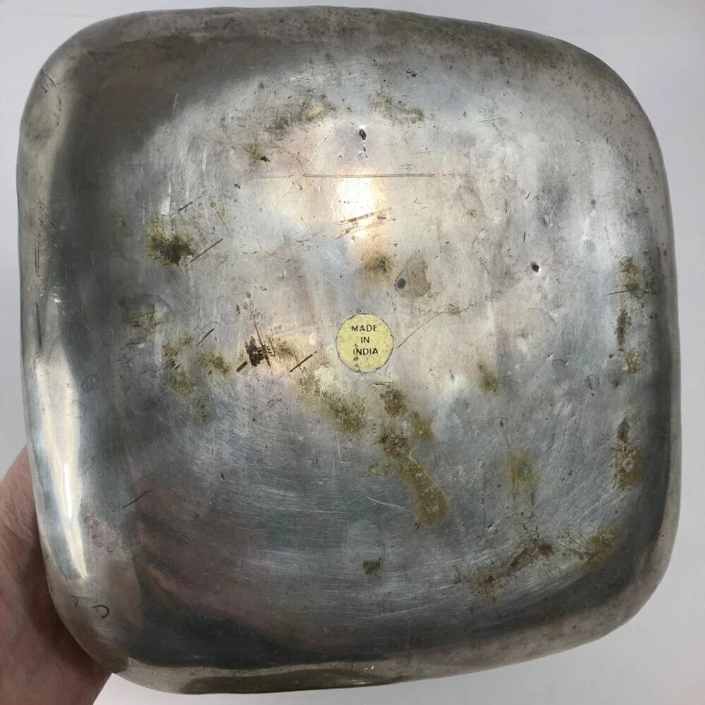 Ornate Indian Handtooled White Brass Flat Top Triangular Pot Lid Made in India 6